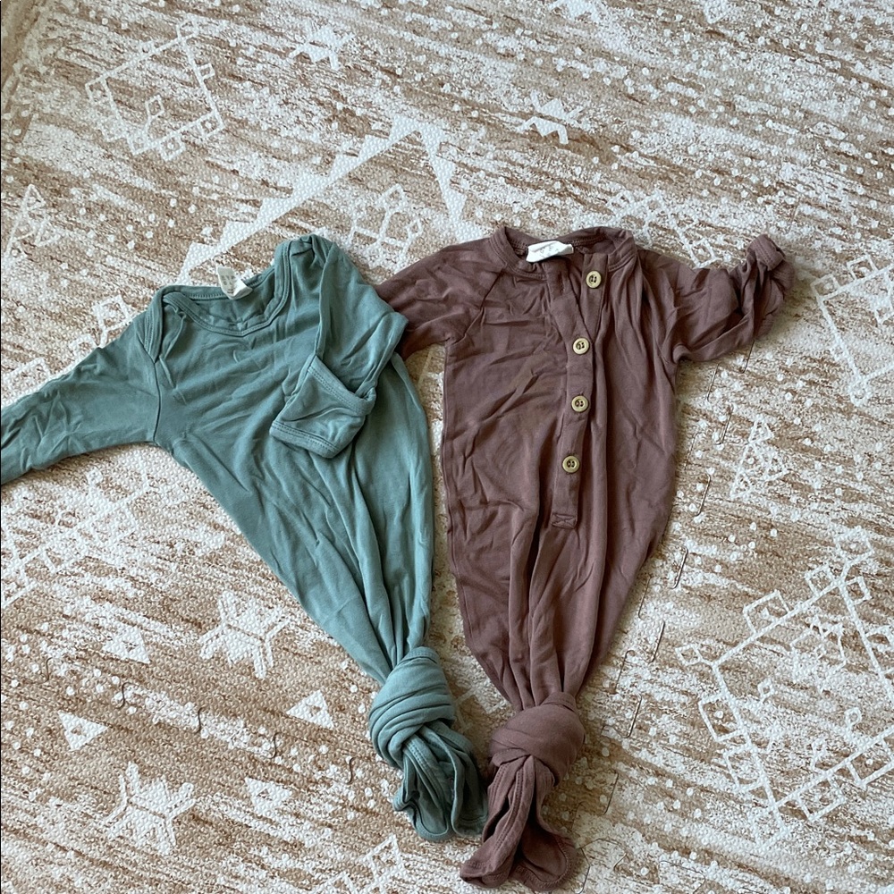 Kate Quinn Set of Two Knotted Baby Gowns in Green and Brown